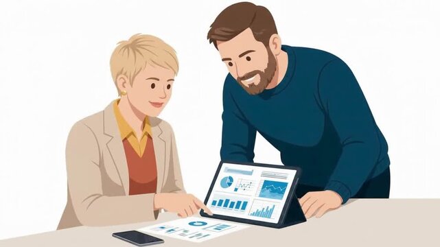 Business team analyzing data charts in flat vector style