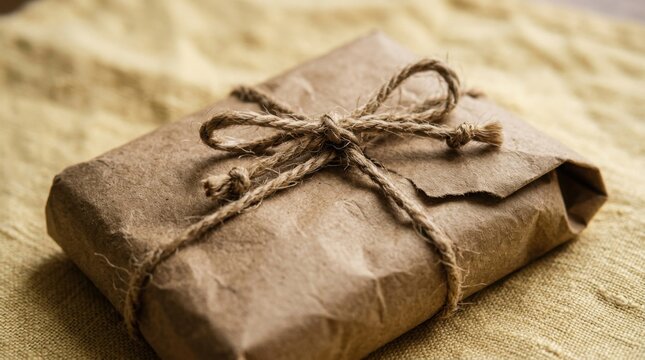 Small gift wrapped in brown paper with rustic twine bow on textured