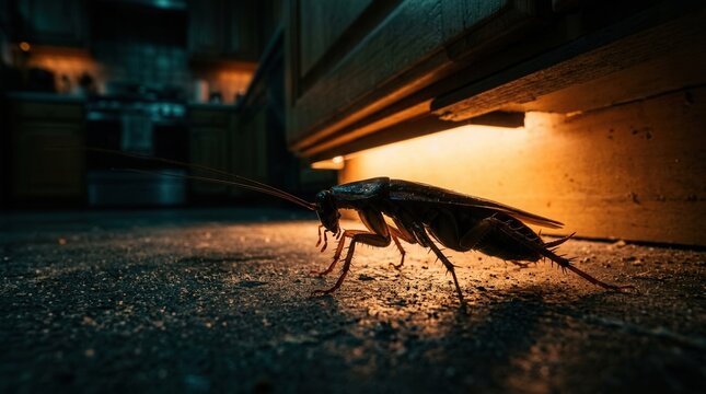 Mysterious cockroach crawling on a floor under warm under-cabinet kitchen light.