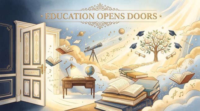 Surreal conceptual scene showing an open doorway leading to a sky filled with learning opportunities