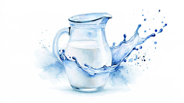 A watercolor painting of a glass jug filled with water, with a dynamic splash effect around it.