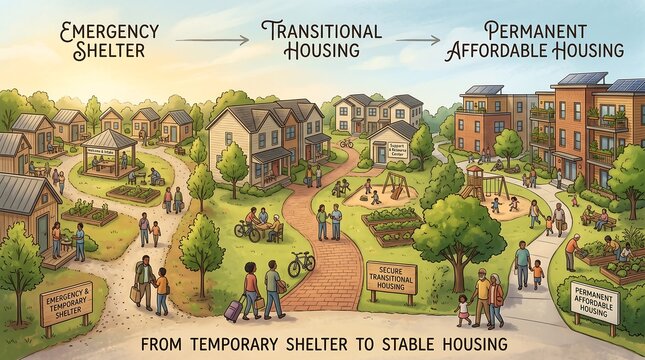 Phased residential housing project demonstrating from emergency shelter to stable permanent living arrangements
