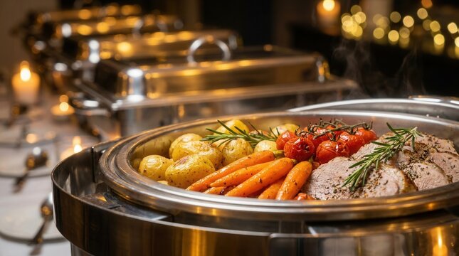 Delicious roasted vegetables and potatoes served in stainless steel chafing dishes at an evening social event.