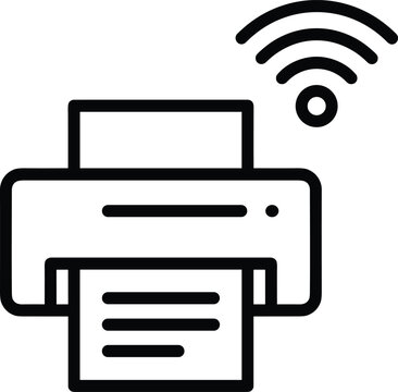Wireless printer machine vector linear icon depicting a modern smart home office device connecting with local wifi signal network