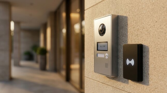 Building exterior wall featuring a video intercom system and an RFID card reader at golden hour.