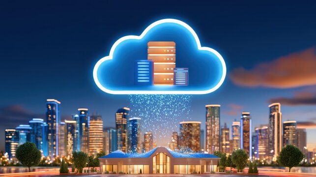 Glowing blue cloud with server stacks inside, suspended above modern building, data particles falling toward city skyline at night, cloud computing concept