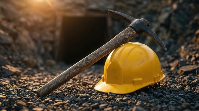 Industrial mining equipment featuring a pickaxe and safety hard hat at a mine entrance.