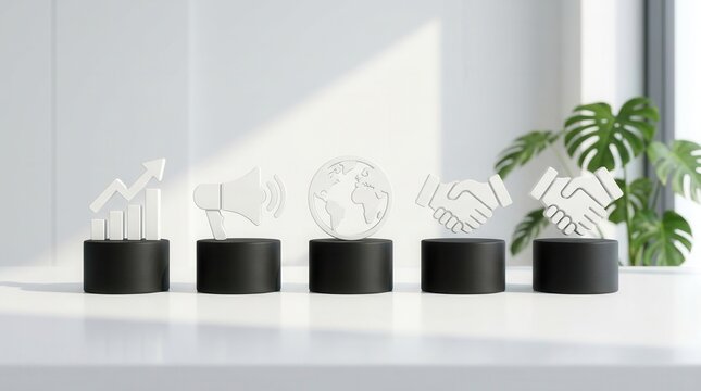 Minimalist white business icons for growth, communication, global strategy, and partnership on pedestals.