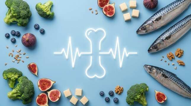 Nutritious foods for heart health and strong bones including fish, broccoli, figs, and cheese.