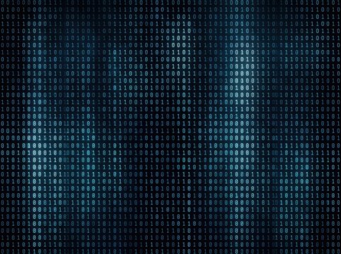 Digital stream of binary code with blue atmospheric light and bokeh effects for technology concepts
