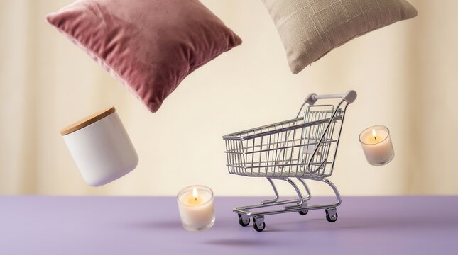 Minimalist scene with a shopping cart and floating home decor items in mid-air.