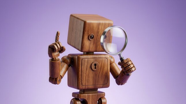 A small wooden robot character uses a magnifying glass against a soft purple background.