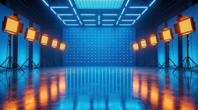 Empty media studio with blue lighting and interview recording setup.