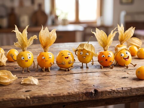 Cute physalis peruviana fruit characters with funny expressions standing in a row on a wooden table.
