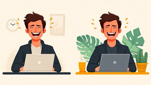 Work Stress to Joy - Animated Mans Emotional Journey with Laptop.