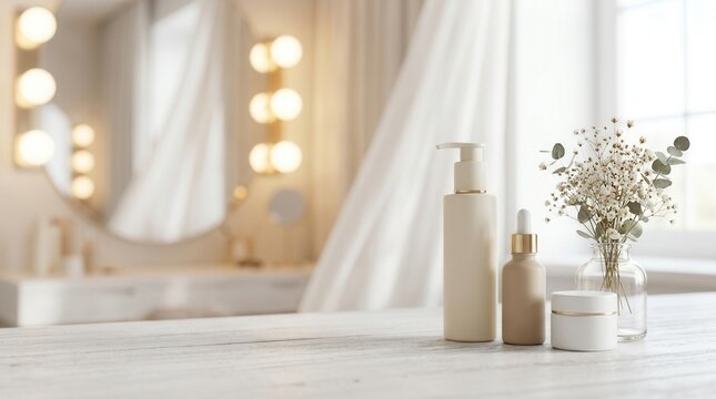 Cosmetic bottles and flowers on a white wooden table in a blurred dressing room.