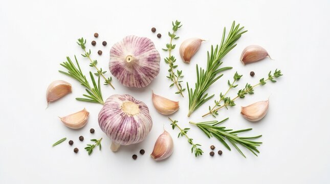 Top view of garlic bulbs, rosemary, and black peppercorns on white.