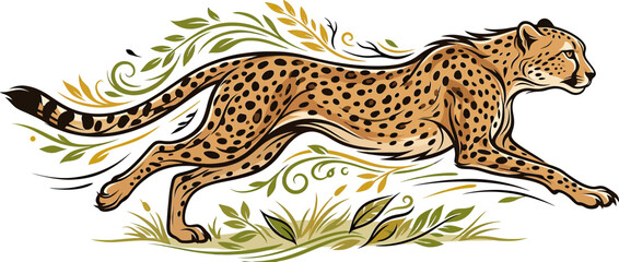 Running cheetah illustration with decorative foliage © Qoui