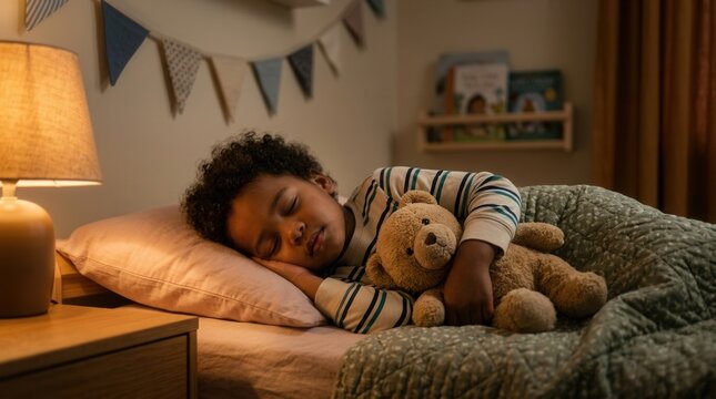 An adorable African American child sleeping in bed with a teddy bear at night