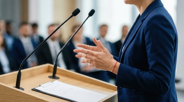 Close-up of a female speaker addressing a conference from a wooden podium with a clipboard.