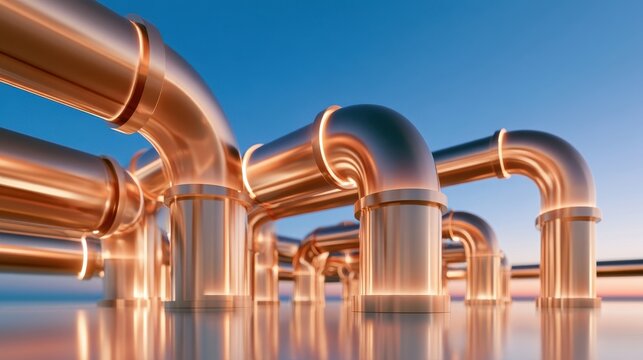 Industrial pipeline network with glowing warm light reflecting on metallic surfaces, infrastructure concept