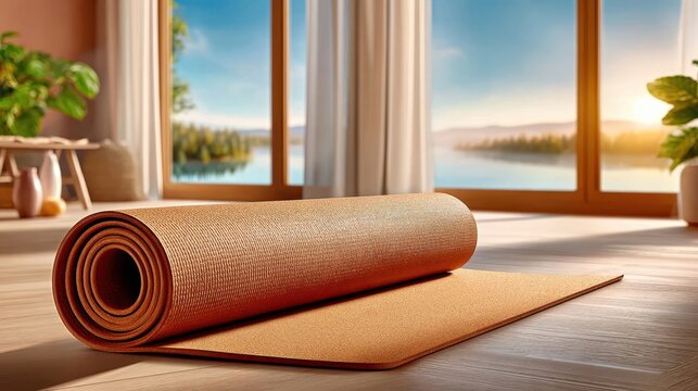 Rolled cork yoga mat on wooden floor with lake view through window, wellness and fitness equipment