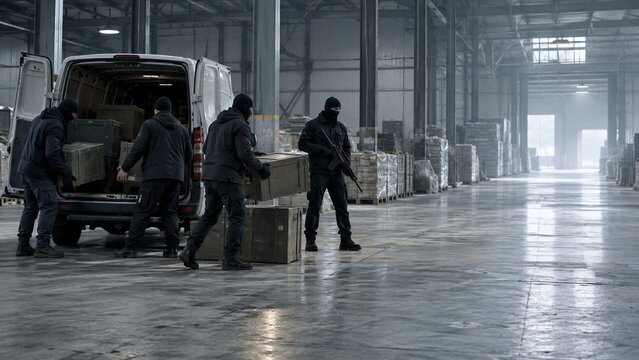 Criminal syndicate loading crates from van in warehouse