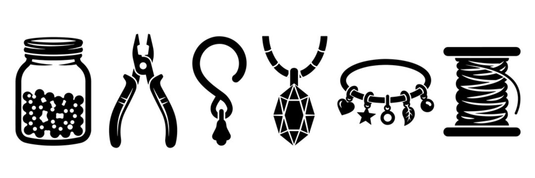 Black and dark crafts tool icons set showing beads pliers and jewels