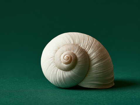 A beautiful, intricate white snail shell showcasing its spiral design against a rich green background, perfect for nature lovers.