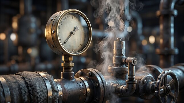 Vintage Brass Pressure Gauge on Steel Steam Pipe with Vapor Leak in Industrial Facility
