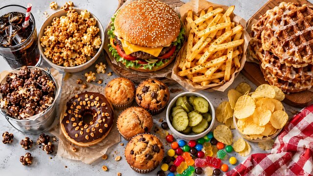 Ultimate junk food table spread with burger fries waffles and snacks

