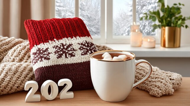 Wooden table with white mug of hot chocolate topped with marshmallows beside knitted red and cream pillow and cream wool blanket with 202 numbers, winter comfort