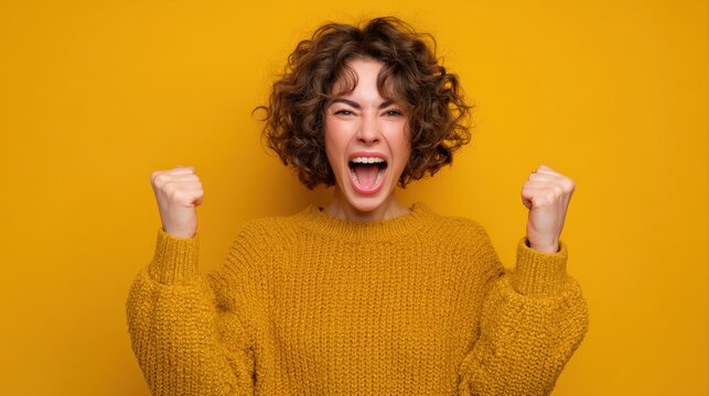 Photo of ecstatic lady shout loud yeah fist up raise win lottery isolated bright shine color background
