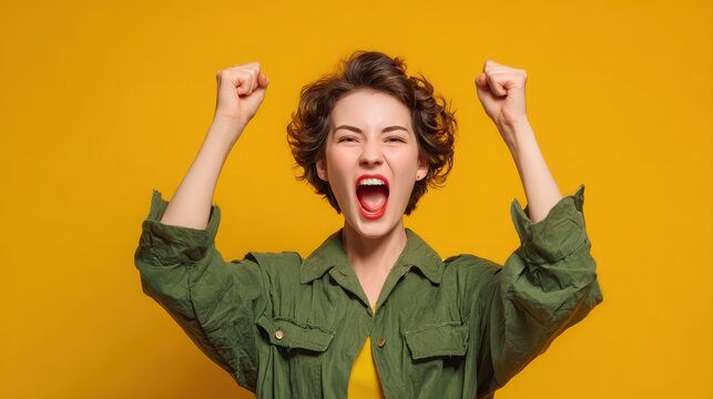 Photo of ecstatic lady shout loud yeah fist up raise win lottery isolated bright shine color background