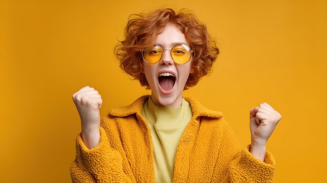 Photo of ecstatic lady shout loud yeah fist up raise win lottery isolated bright shine color background