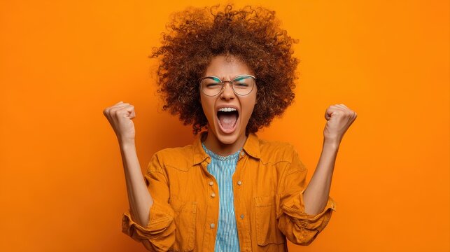 Photo of ecstatic lady shout loud yeah fist up raise win lottery isolated bright shine color background
