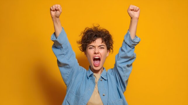Photo of ecstatic lady shout loud yeah fist up raise win lottery isolated bright shine color background