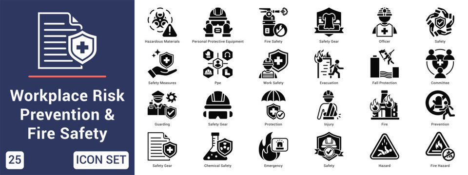 Workplace Risk Prevention & Fire Safety  Icon set collection. Vector icon pack featuring thematic icons for your presentations or business.