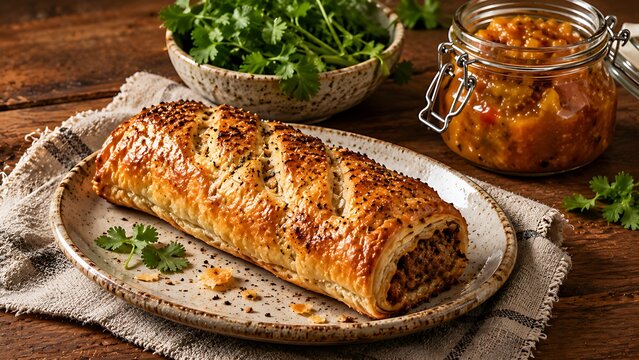 British golden puff pastry sausage roll with fruit chutney sauce
