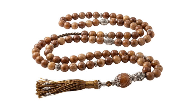 Traditional wooden misbaha prayer beads with tassel, elegant brown tasbih rosary with silver accents, islamic spiritual prayer beads for worship isolated PNG with Transparent Background