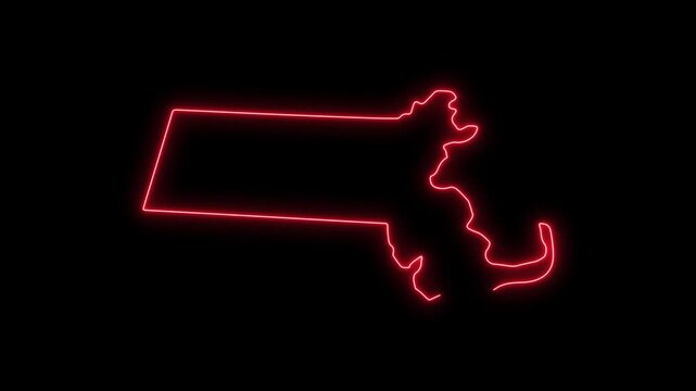 Glowing red neon outline map of massachusetts state isolated on black background