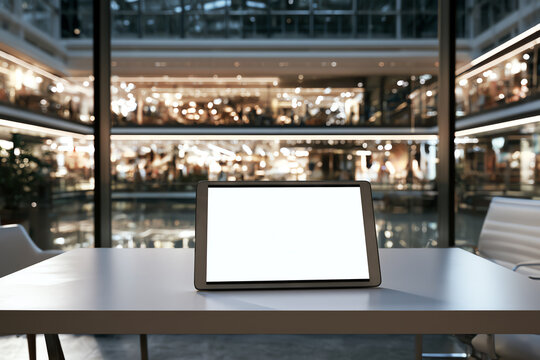 A modern tablet sits on a sleek table, displaying a blank screen in a vibrant urban environment, symbolizing technology and innovation in contemporary workplaces.