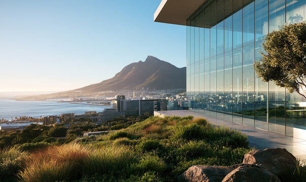 A stunning modern glass building overlooking a picturesque mountain and ocean landscape, showcasing the harmony between architecture and nature.