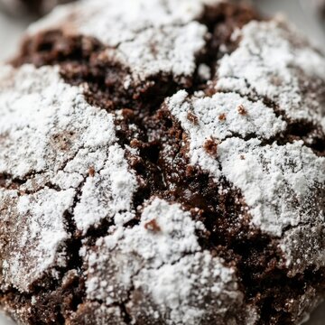 Freshly baked chocolate crinkle cookie dusted with powdered sugar