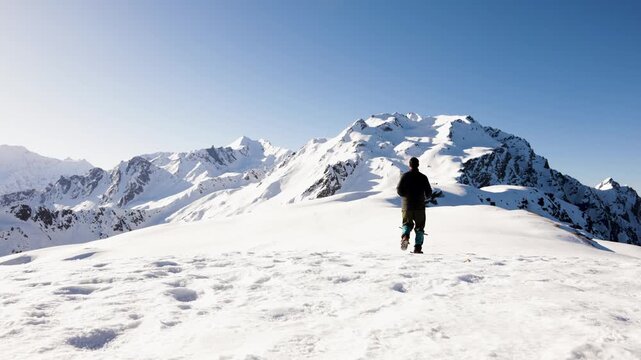 Solo Trekker enjoying Snow Covered Mountain Ridge With Stunning Alpine Views