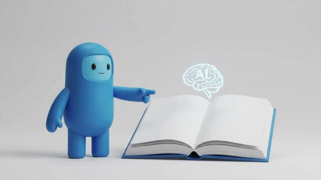 Cute 3D blue character mascot pointing at glowing AI brain over open book