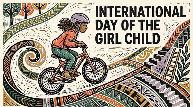 International Day of the Girl Child illustration. Black girl riding bicycle, stylized flat vector poster design with tribal patterns