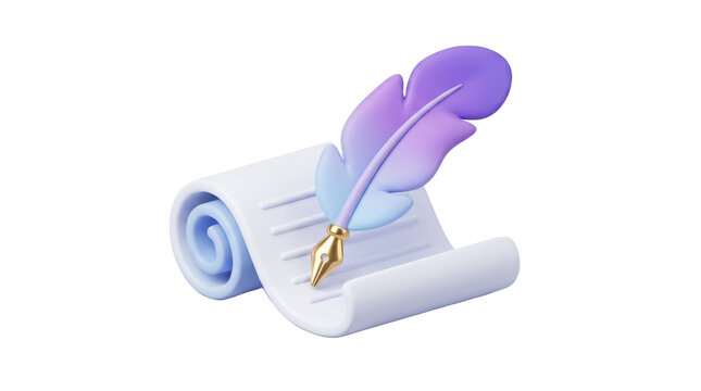 3d feather quill pen resting on a rolled paper scroll