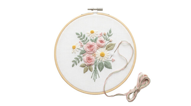 Floral embroidery hoop with a needle and thread