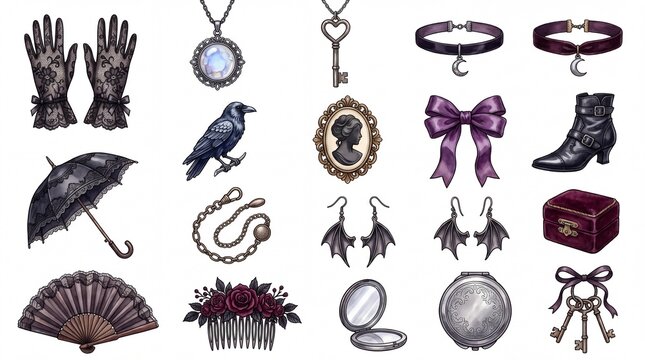 Gothic and dark fashion accessories vector illustration containing icons for lace gloves moon choker raven cameo brooch parasol bat wing earrings and vintage jewelry for dark aesthetic